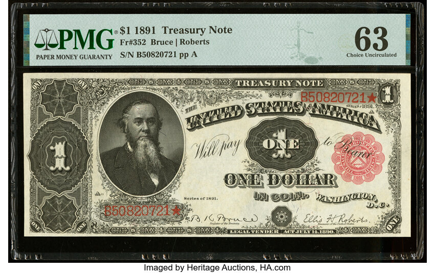 image for: Fr. 352 $1 1891 Treasury Note PMG Choice Uncirculated 63....