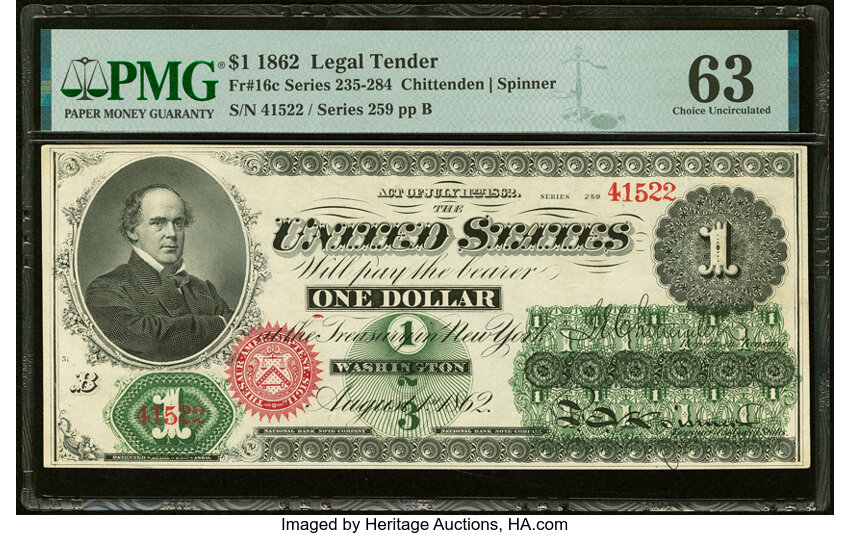 image for: Fr. 16c $1 1862 Legal Tender PMG Choice Uncirculated 63....