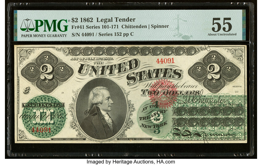 image for: Fr. 41 $2 1862 Legal Tender PMG About Uncirculated 55....