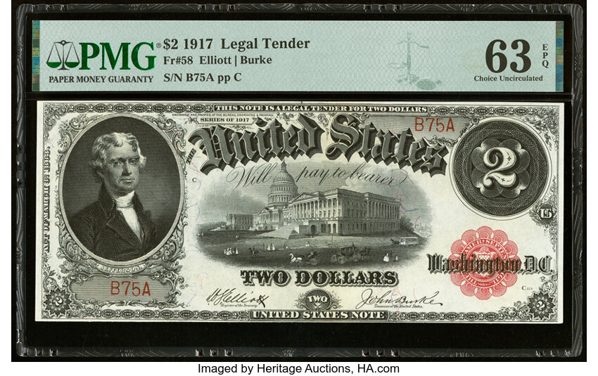 image for: Low Serial Number B75A Fr. 58 $2 1917 Legal Tender PMG Choice Uncirculated 63 EPQ....