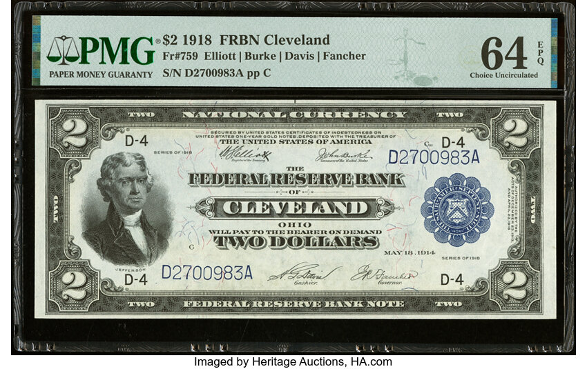 image for: Fr. 759 $2 1918 Federal Reserve Bank Note PMG Choice Uncirculated 64 EPQ....