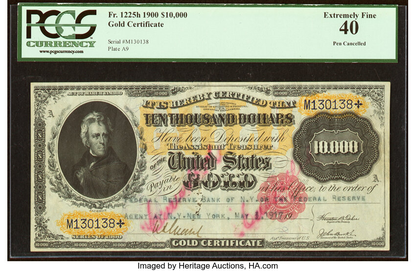 image for: Fr. 1225h $10,000 1900 Gold Certificate PCGS Extremely Fine 40....