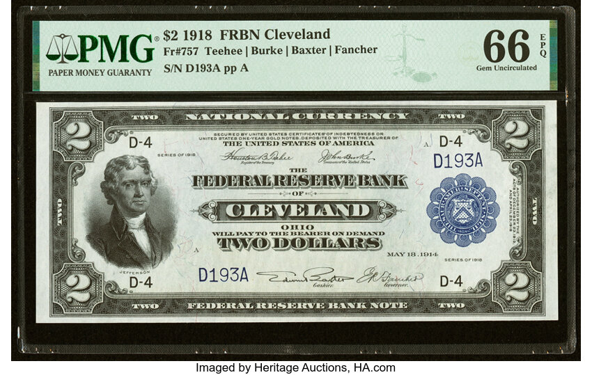 image for: Low Serial D193A Fr. 757 $2 1918 Federal Reserve Bank Note PMG Gem Uncirculated 66 EPQ....