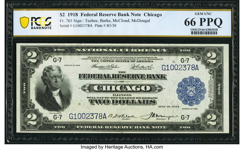 image for: Fr. 765 $2 1918 Federal Reserve Bank Note PCGS Banknote Gem Unc 66 PPQ....