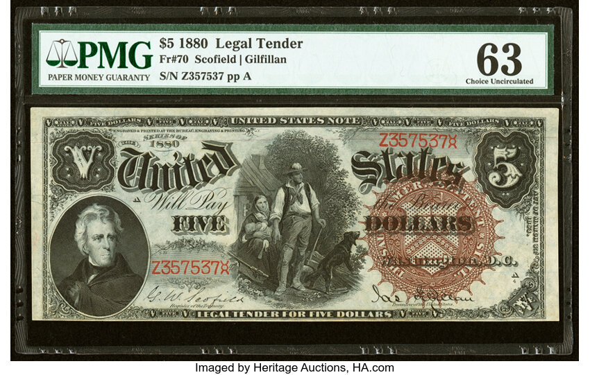 image for: Fr. 70 $5 1880 Legal Tender PMG Choice Uncirculated 63....