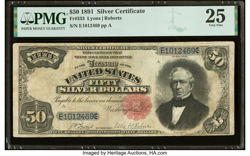 image for: Fr. 333 $50 1891 Silver Certificate PMG Very Fine 25....