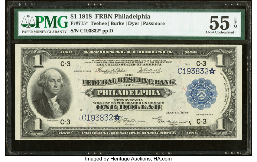 image for: Fr. 715* $1 1918 Federal Reserve Bank Star Note PMG About Uncirculated 55 EPQ....