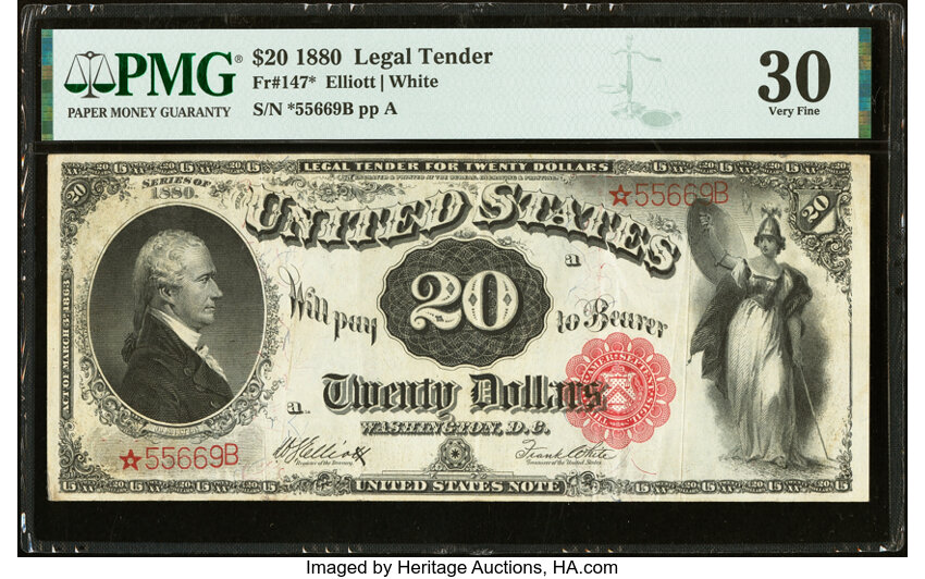 image for: Fr. 147* $20 1880 Legal Tender Star Note PMG Very Fine 30....
