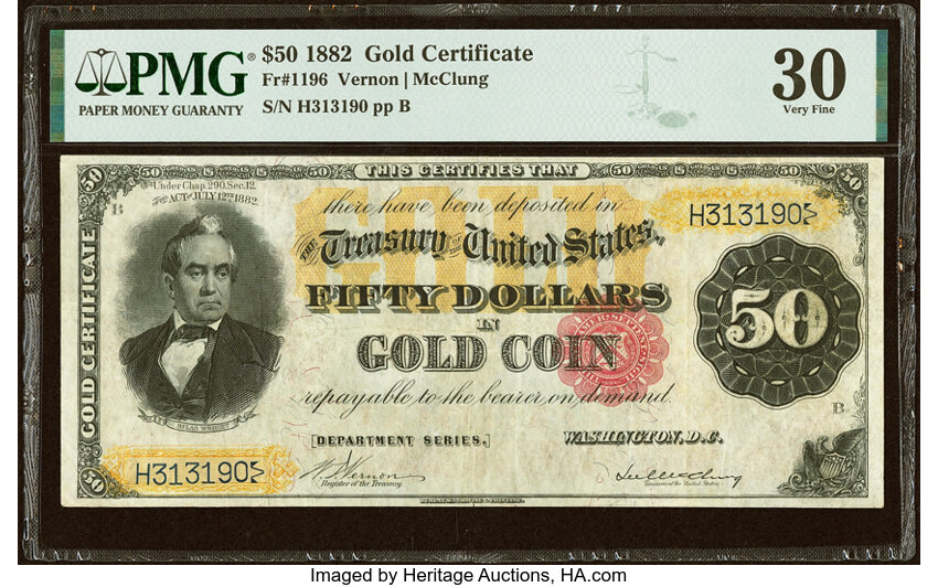 image for: Fr. 1196 $50 1882 Gold Certificate PMG Very Fine 30....