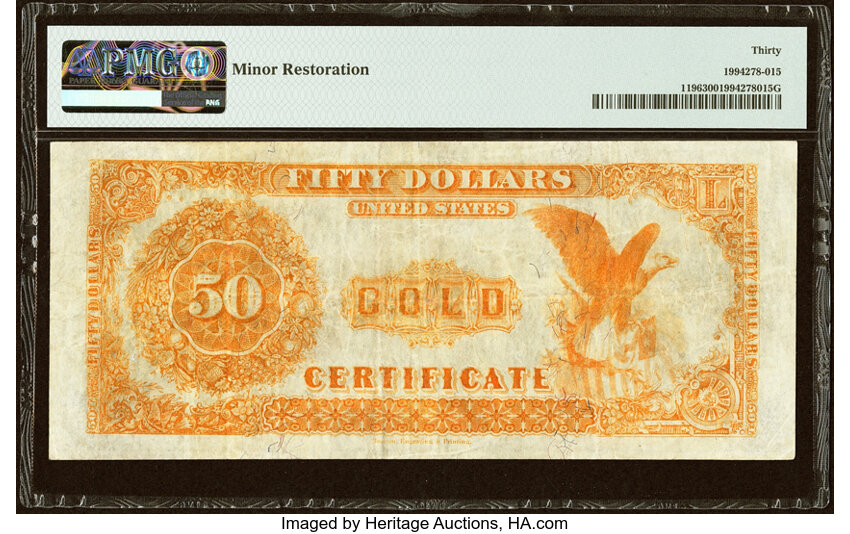 image for: Fr. 1196 $50 1882 Gold Certificate PMG Very Fine 30....