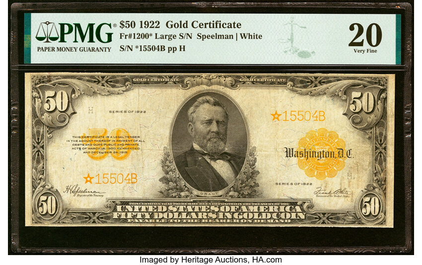 image for: Fr. 1200* $50 1922 Gold Certificate Star Note PMG Very Fine 20....