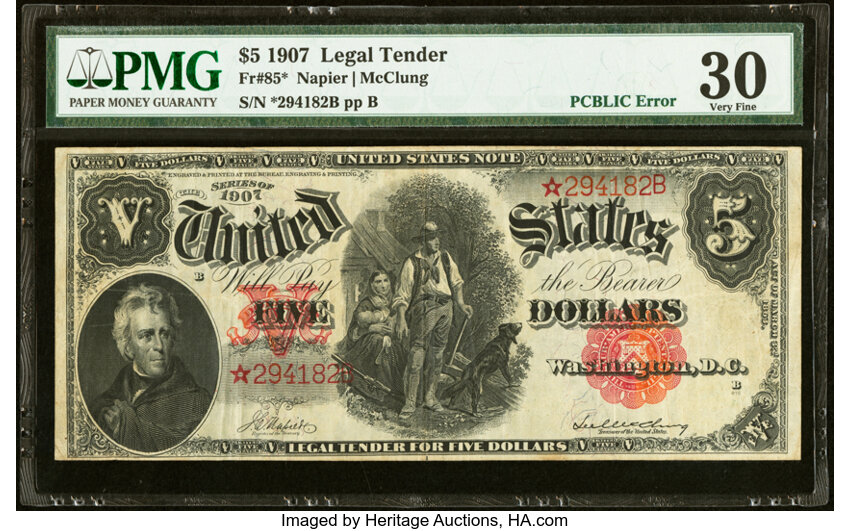 image for: Fr. 85* $5 1907 "PCBLIC" Error Legal Tender Star Note PMG Very Fine 30....