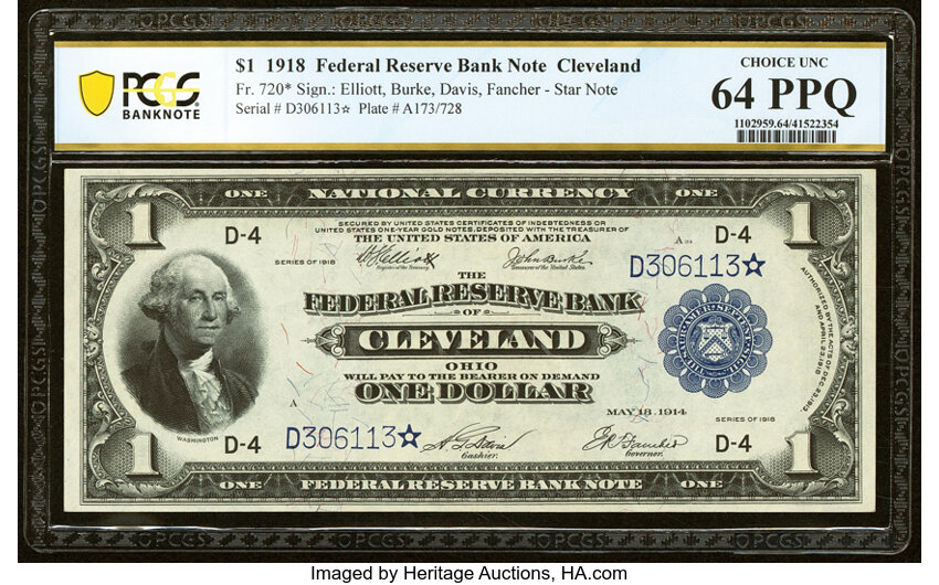 image for: Fr. 720* $1 1918 Federal Reserve Bank Star Note PCGS Banknote Choice Unc 64 PPQ....