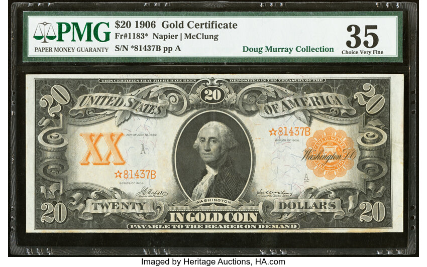 image for: Fr. 1183* $20 1906 Gold Certificate Star Note PMG Choice Very Fine 35....