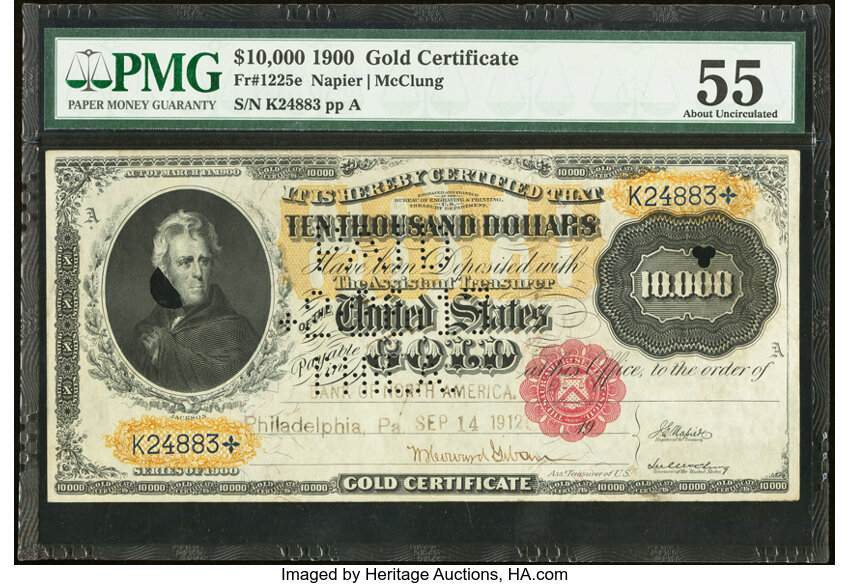 image for: Fr. 1225e $10,000 1900 Gold Certificate PMG About Uncirculated 55....