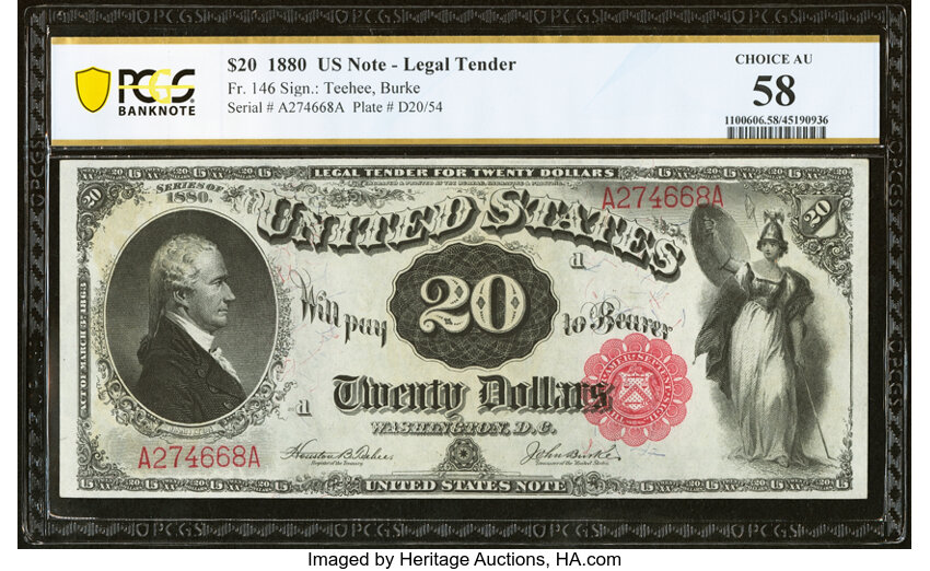 image for: Fr. 146 $20 1880 Legal Tender PCGS Banknote Choice AU 58....