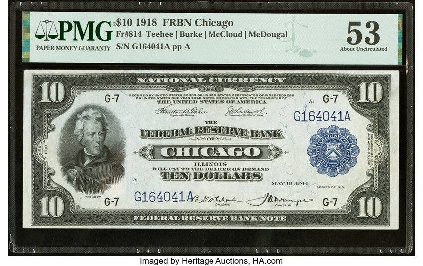 image for: Fr. 814 $10 1918 Federal Reserve Bank Note PMG About Uncirculated 53....