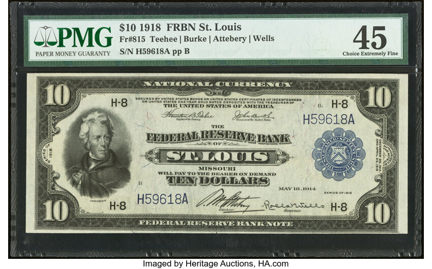 image for: Fr. 815 $10 1918 Federal Reserve Bank Note PMG Choice Extremely Fine 45....