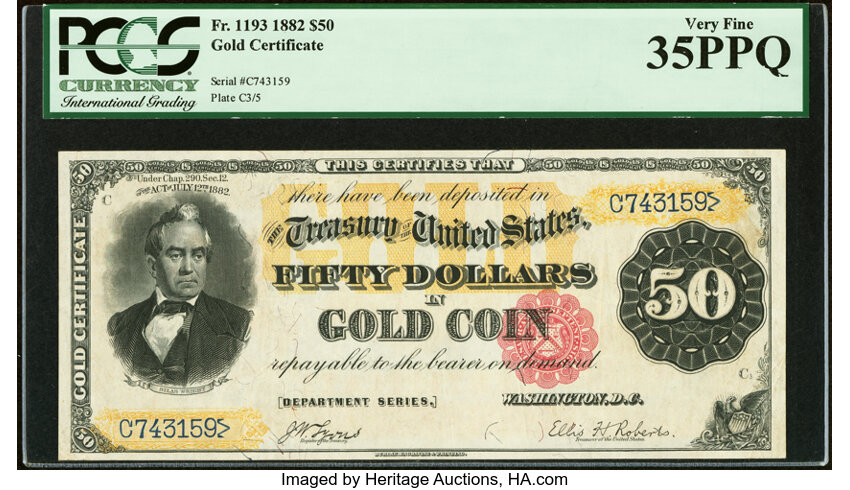 image for: Fr. 1193 $50 1882 Gold Certificate PCGS Very Fine 35PPQ....