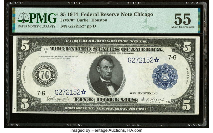 image for: Fr. 870* $5 1914 Federal Reserve Star Note PMG About Uncirculated 55....
