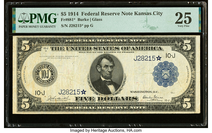 image for: Fr. 881* $5 1914 Federal Reserve Star Note PMG Very Fine 25....