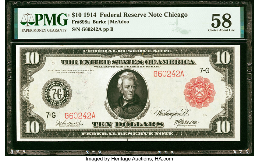 image for: Fr. 898a $10 1914 Red Seal Federal Reserve Note PMG Choice About Unc 58....