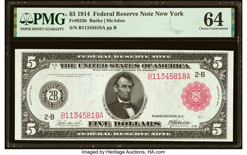 image for: Fr. 833b $5 1914 Red Seal Federal Reserve Note PMG Choice Uncirculated 64....