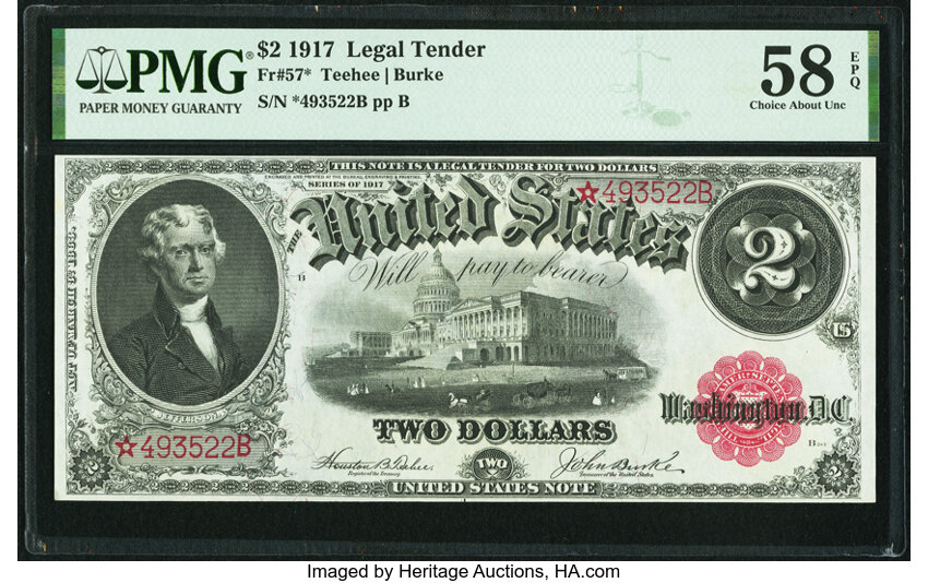 image for: Fr. 57* $2 1917 Legal Tender Star Note. PMG Choice About Unc 58 EPQ....