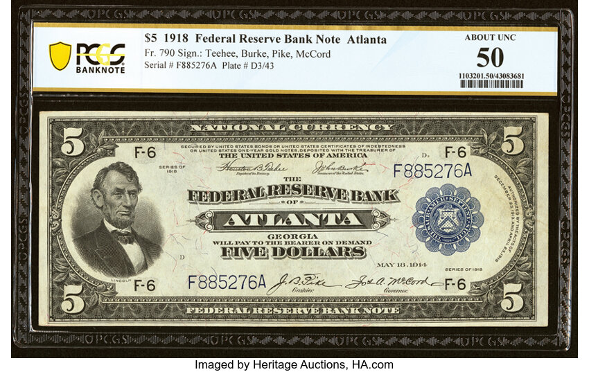 image for: Fr. 790 $5 1918 Federal Reserve Bank Note PCGS Banknote About Unc 50....