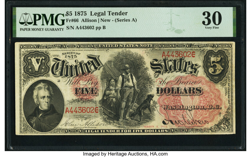 image for: Fr. 66 $5 1875 Legal Tender PMG Very Fine 30....