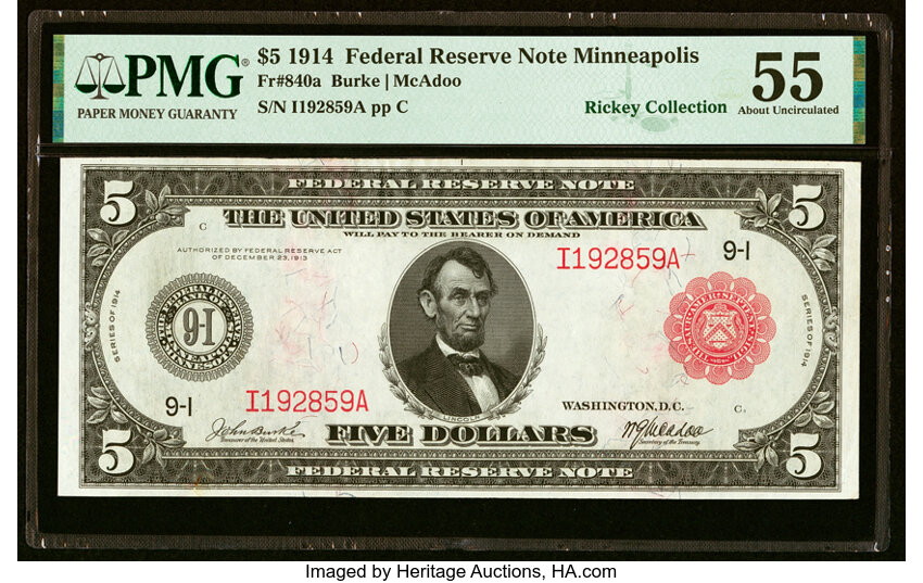 image for: Fr. 840a $5 1914 Red Seal Federal Reserve Note PMG About Uncirculated 55....