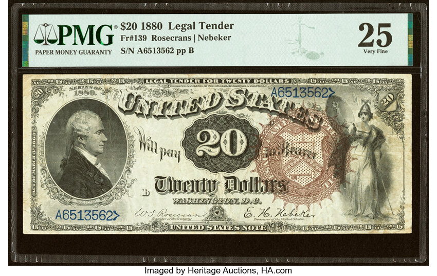 image for: Fr. 139 $20 1880 Legal Tender PMG Very Fine 25....