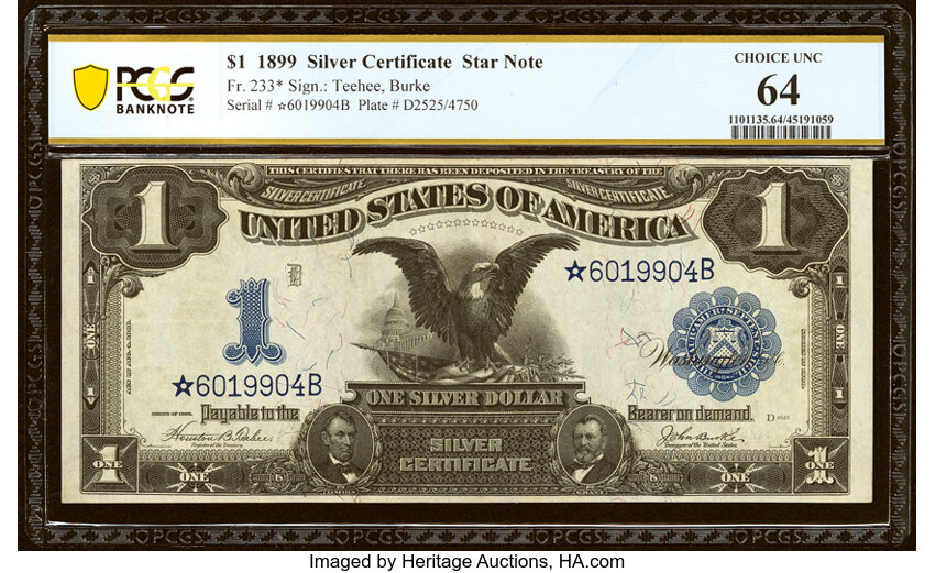 image for: Fr. 233* $1 1899 Silver Certificate Star Note. PCGS Banknote Choice Unc 64....