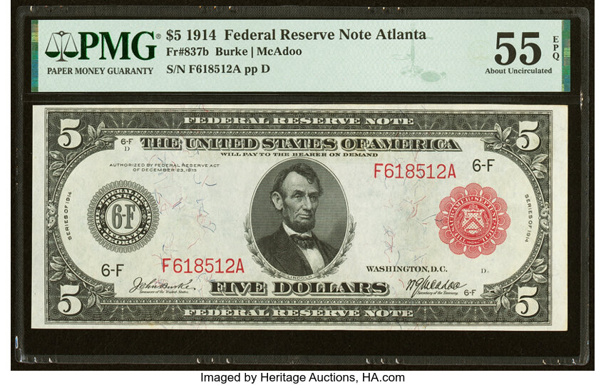 image for: Fr. 837b $5 1914 Red Seal Federal Reserve Note PMG About Uncirculated 55 EPQ....