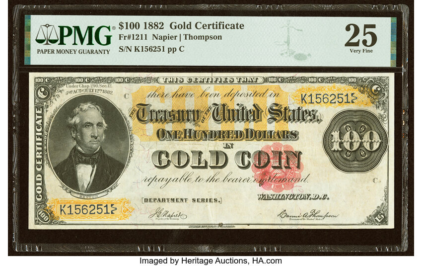 image for: Fr. 1211 $100 1882 Gold Certificate PMG Very Fine 25....