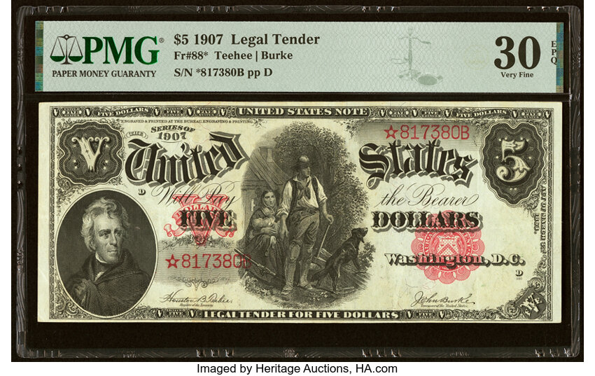 image for: Fr. 88* $5 1907 Legal Tender Star Note. PMG Very Fine 30 EPQ....