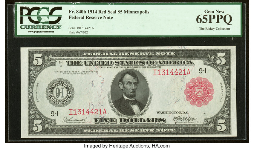 image for: Fr. 840b $5 1914 Red Seal Federal Reserve Note PCGS Gem New 65PPQ....