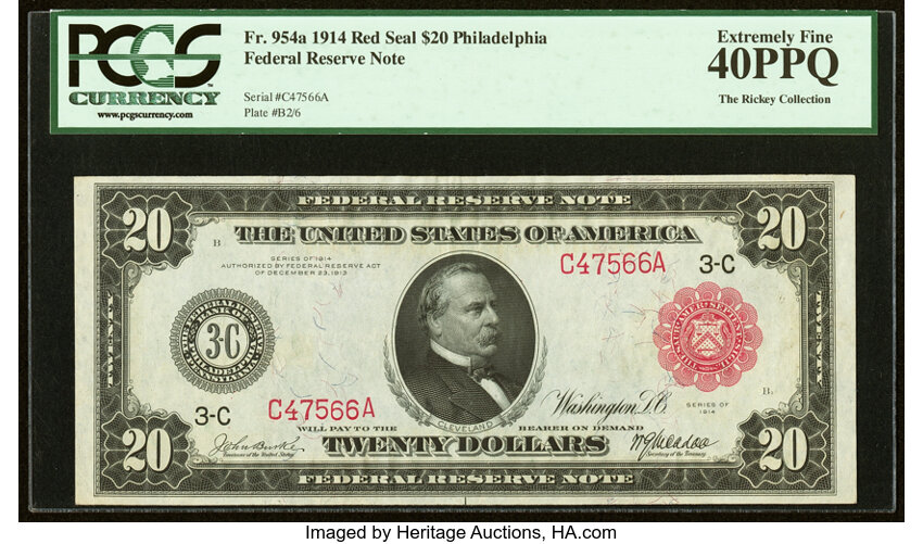 image for: Fr. 954a $20 1914 Red Seal Federal Reserve Note PCGS Extremely Fine 40PPQ....