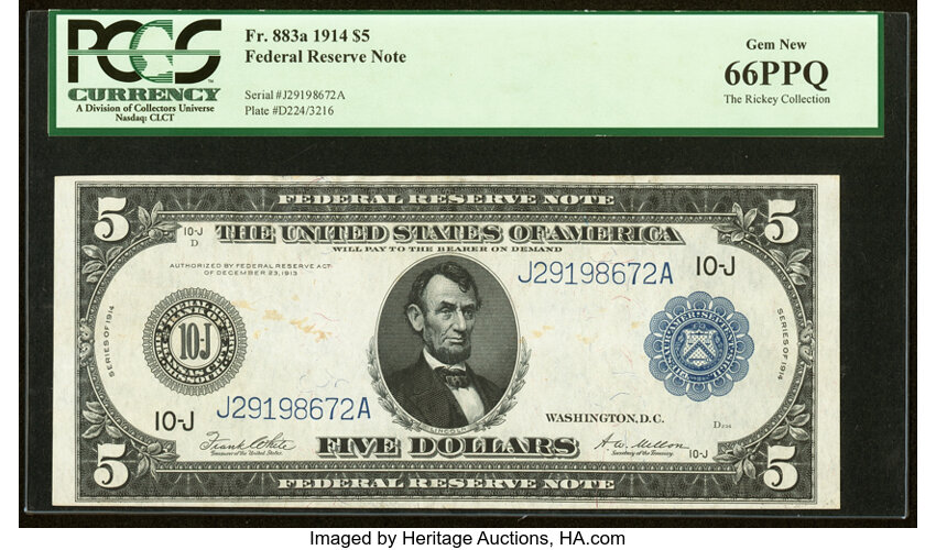 image for: Fr. 883a $5 1914 Federal Reserve Note PCGS Gem New 66PPQ....