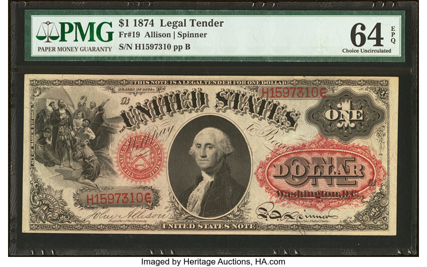 image for: Fr. 19 $1 1874 Legal Tender PMG Choice Uncirculated 64 EPQ....