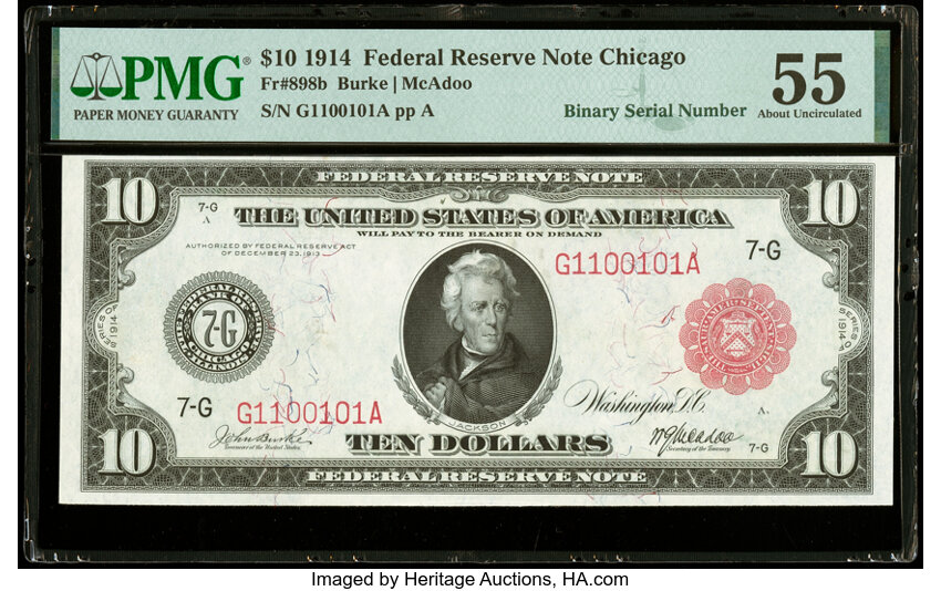 image for: Fr. 898b $10 1914 Red Seal Federal Reserve Note PMG About Uncirculated 55....
