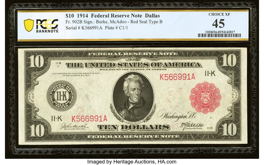image for: Fr. 902b $10 1914 Red Seal Federal Reserve Note PCGS Banknote Choice XF 45....