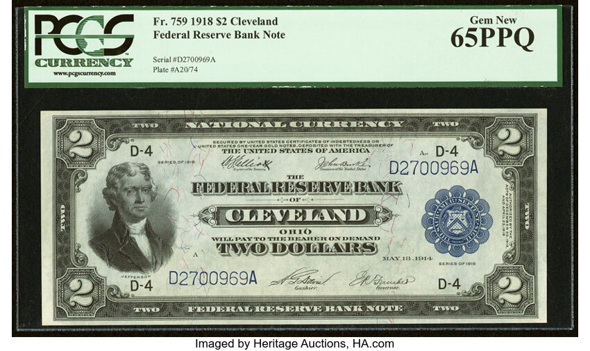 image for: Fr. 759 $2 1918 Federal Reserve Bank Note PCGS Gem New 65PPQ....
