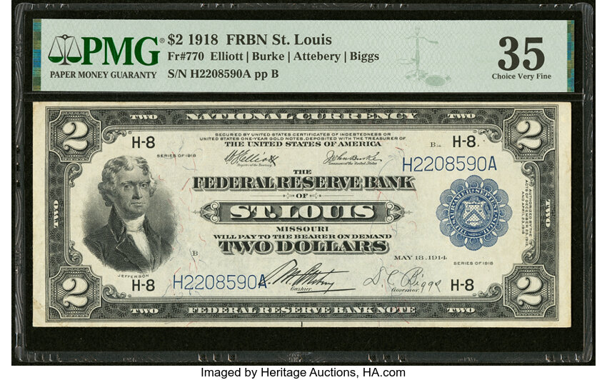 image for: Fr. 770 $2 1918 Federal Reserve Bank Note PMG Choice Very Fine 35....