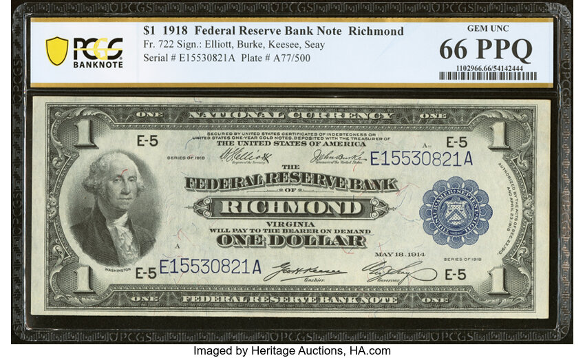 image for: Fr. 722 $1 1918 Federal Reserve Bank Note PCGS Banknote Gem Unc 66 PPQ....
