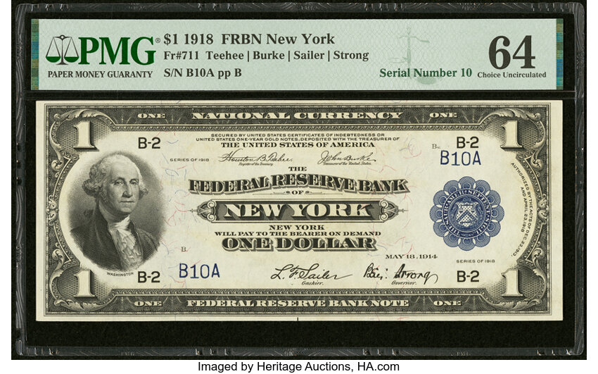 image for: Low Serial Number B10A Fr. 711 $1 1918 Federal Reserve Bank Note PMG Choice Uncirculated 64....