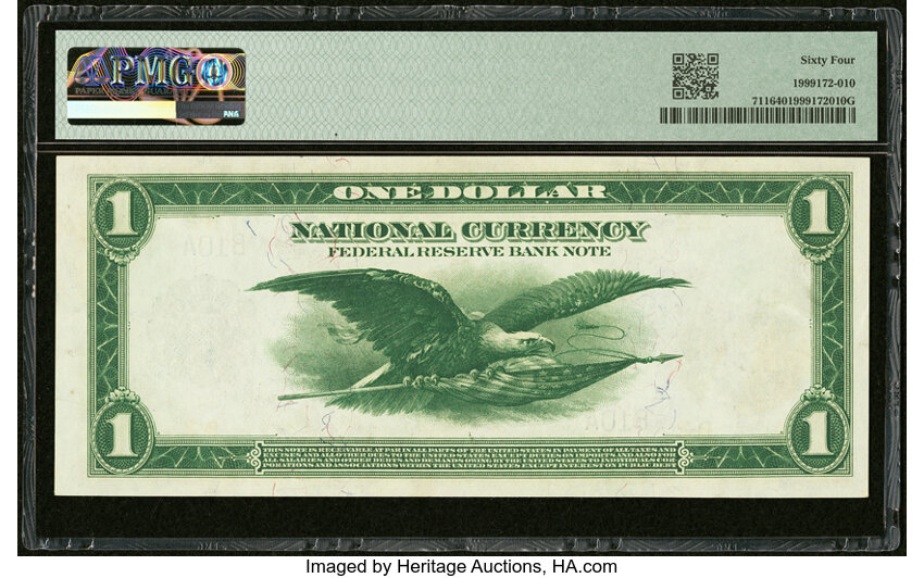 image for: Low Serial Number B10A Fr. 711 $1 1918 Federal Reserve Bank Note PMG Choice Uncirculated 64....