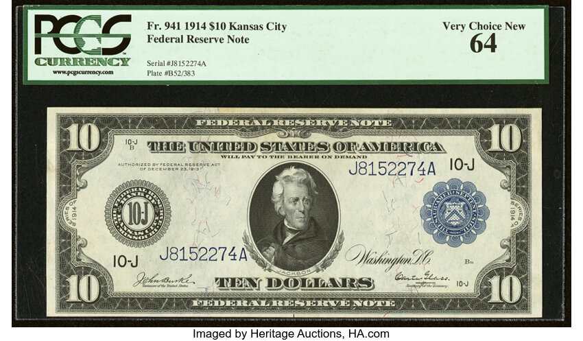 image for: Fr. 941 $10 1914 Federal Reserve Note PCGS Very Choice New 64....