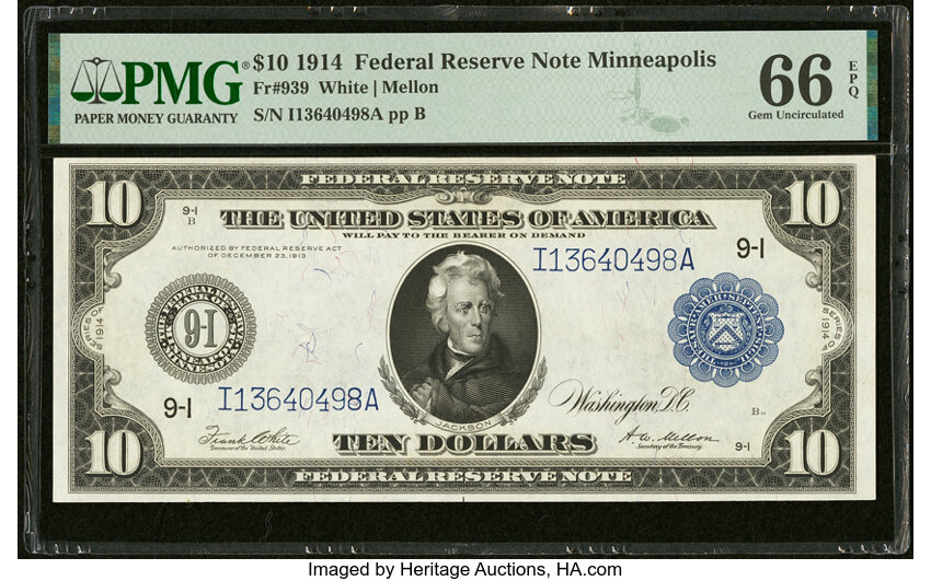 image for: Fr. 939 $10 1914 Federal Reserve Note PMG Gem Uncirculated 66 EPQ....