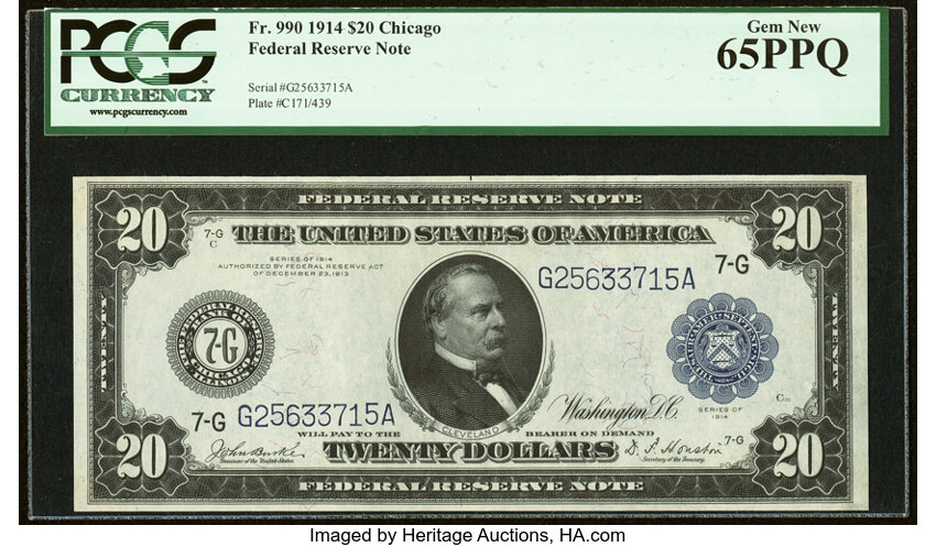 image for: Fr. 990 $20 1914 Federal Reserve Note PCGS Gem New 65PPQ....